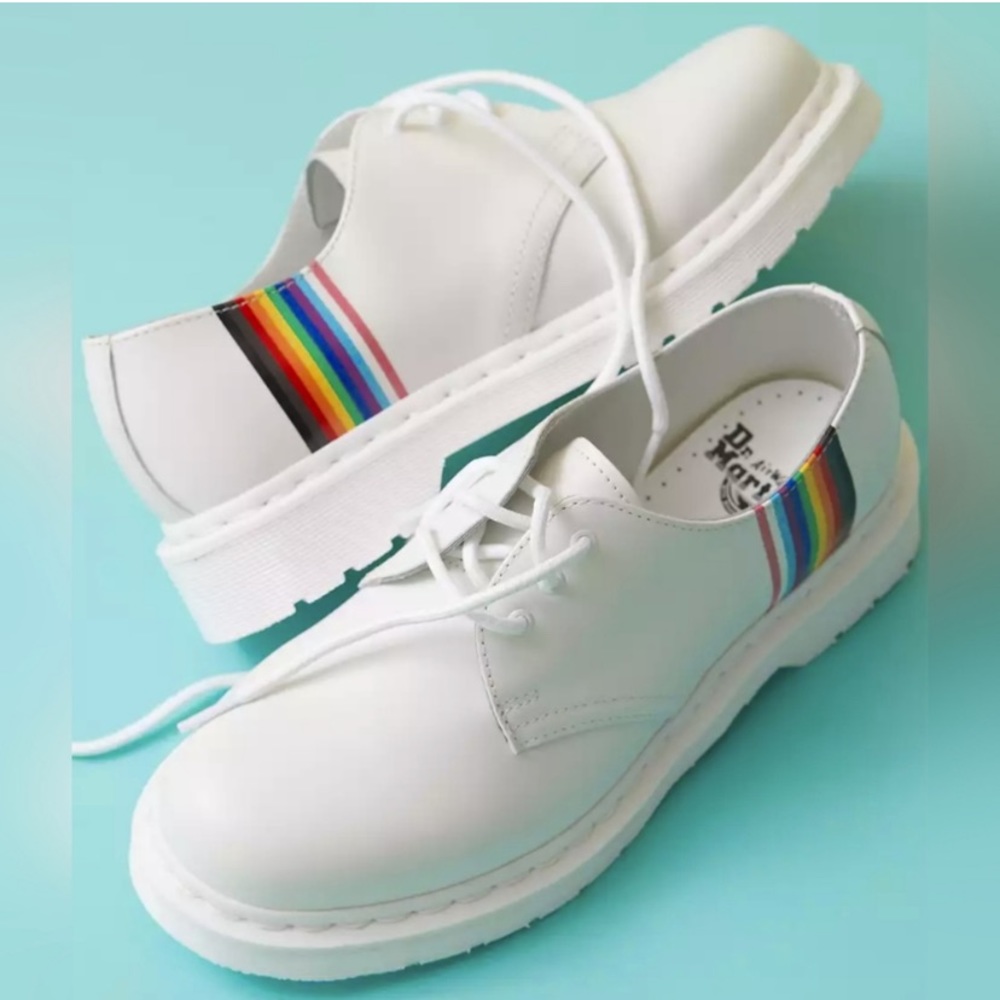 Dr. Martens White Leather Flats with Rainbow Stripe